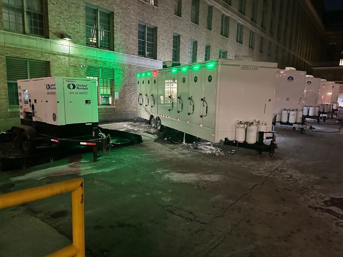 Power generation and site infrastructure staged at night.